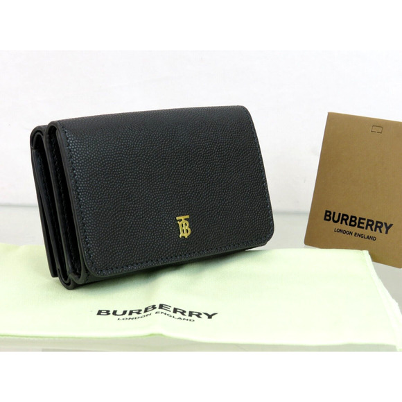 $480 BURBERRY LARK BLACK GRAINED LEATHER GOLD TB LOGO COMPACT TRIFOLD WALLET - Picture 2 of 15